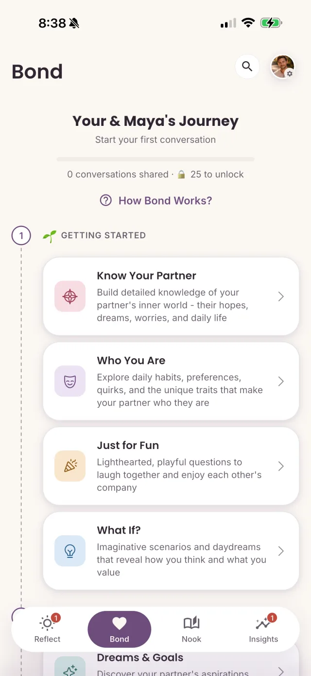 App screenshot of the Bond journey showing question categories like Know Your Partner, Who You Are, Just for Fun, and What If?