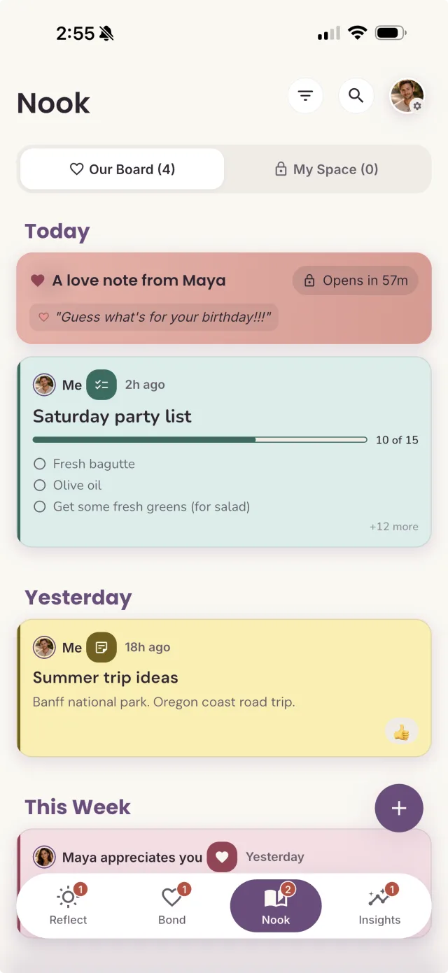 App screenshot of Nook with a sealed love note from a partner, marked 'Opens in 57m', above a shared party checklist